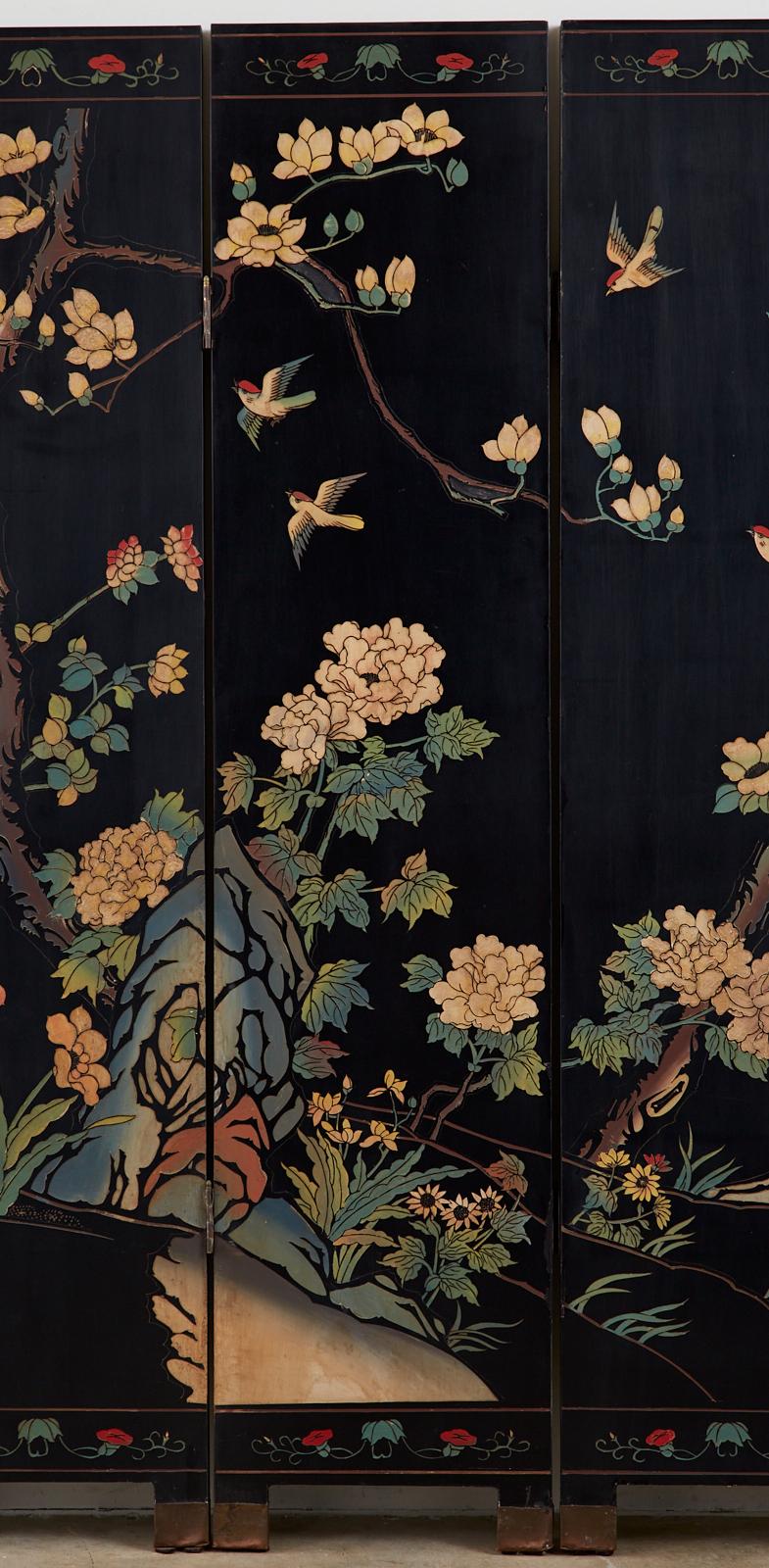 Brass Chinese Export Six-Panel Lacquered Coromandel Screen