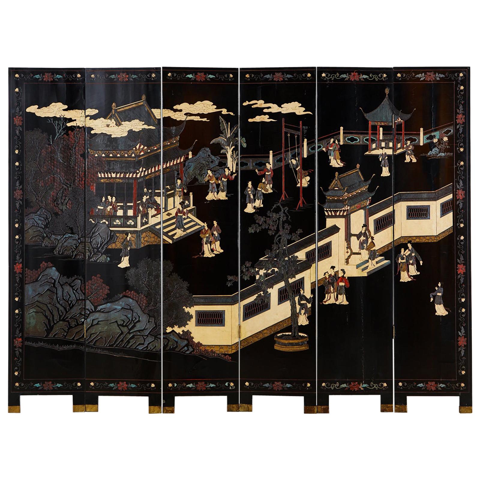 Chinese Export Six-Panel Lacquered Coromandel Screen