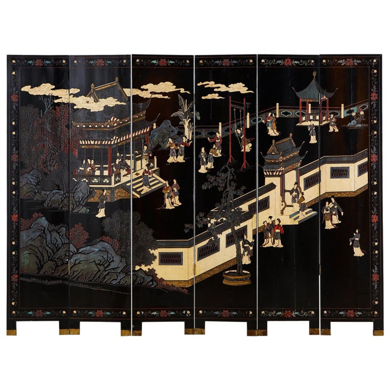 Chinese Export Six-Panel Lacquered Coromandel Screen For Sale