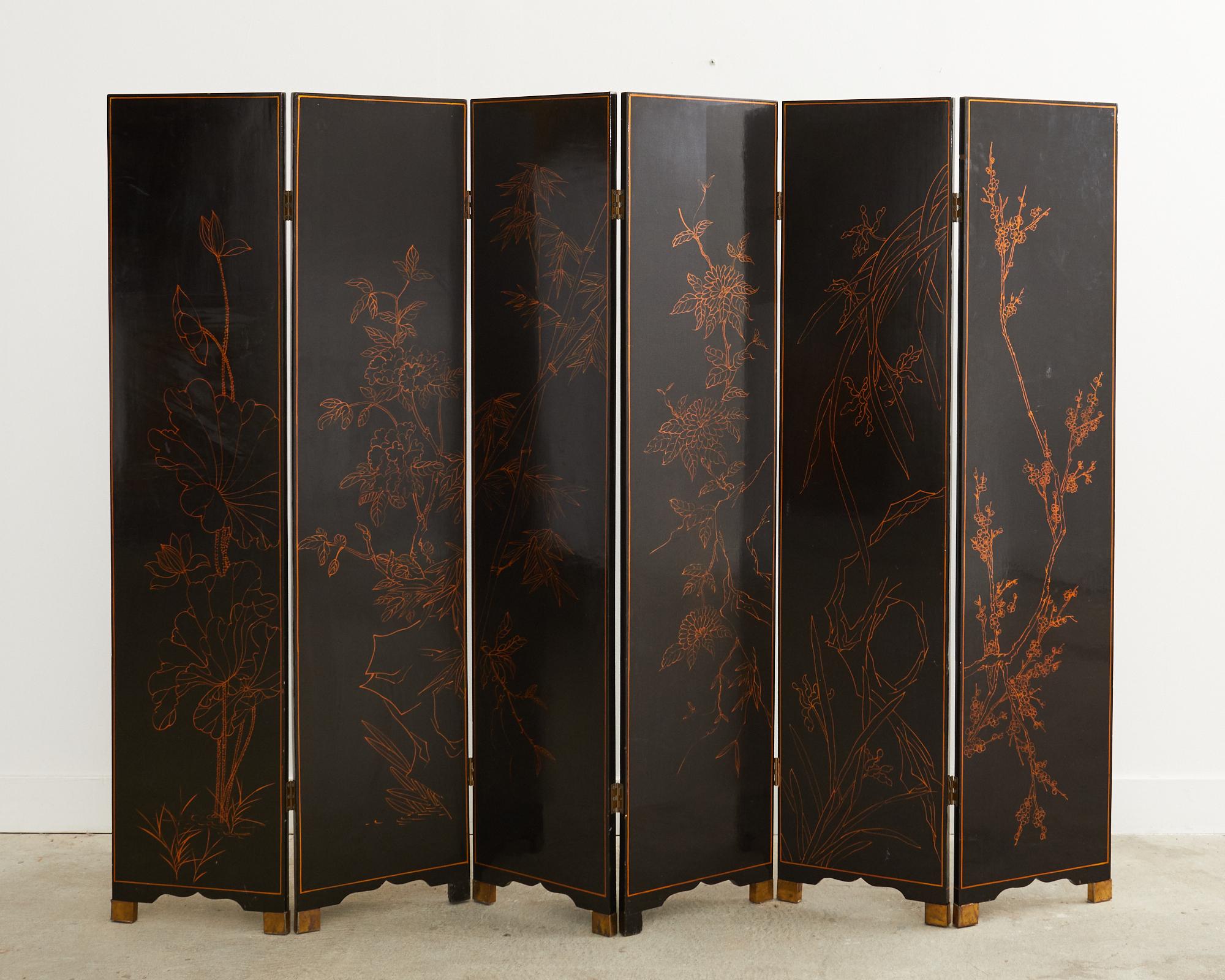 Chinese Export Six Panel Lacquered Coromandel Style Screen 13