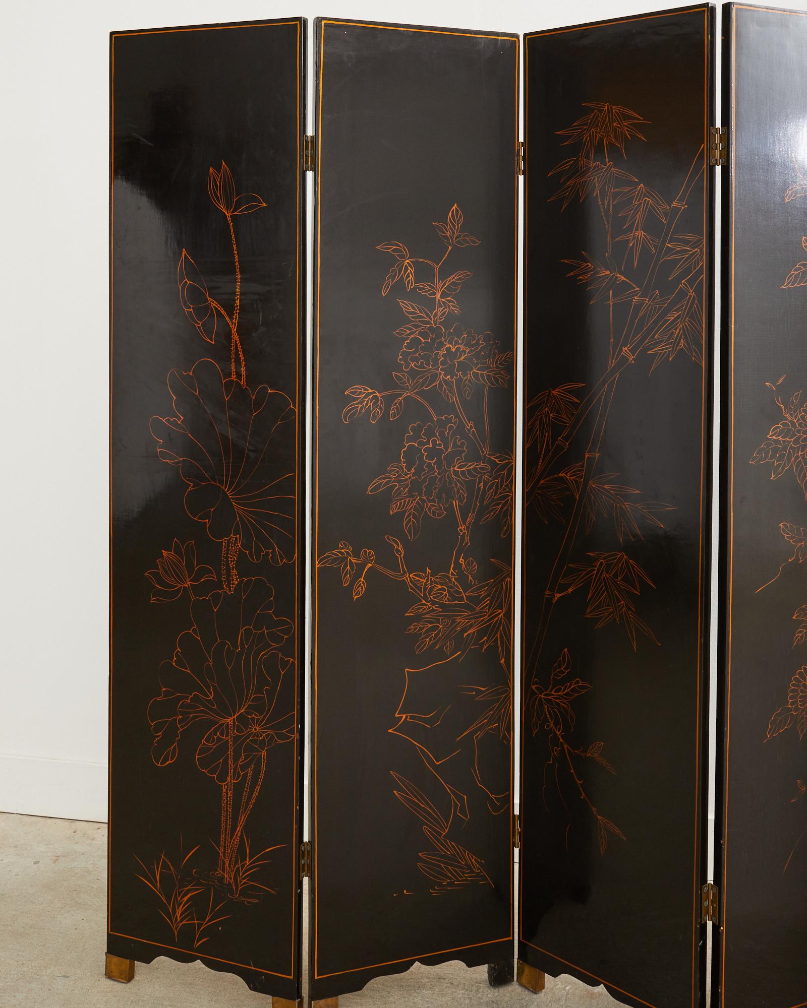 Chinese Export Six Panel Lacquered Coromandel Style Screen 14