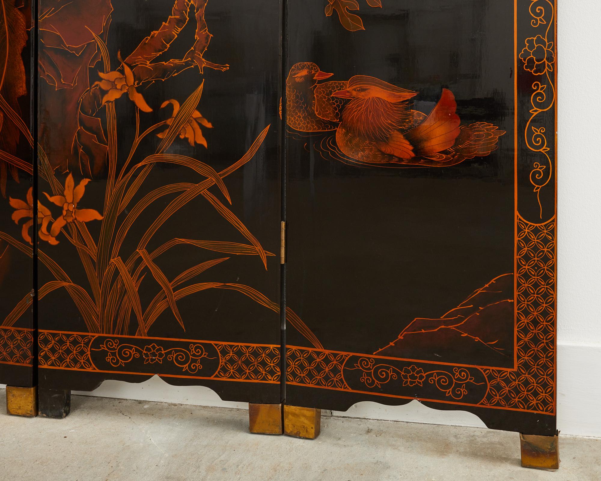 Wood Chinese Export Six Panel Lacquered Coromandel Style Screen