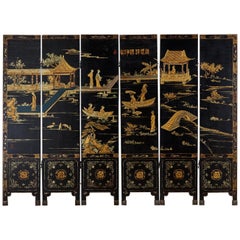 Chinese Export Six-Panel Lacquered Coromandel Style Screen