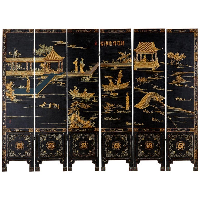 Chinese Export Six-Panel Lacquered Coromandel Style Screen at 1stDibs