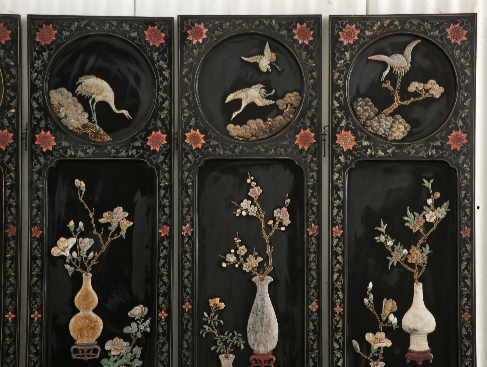 Chinese Export Six Panel Lacquered Hard Stone Coromandel Screen 4