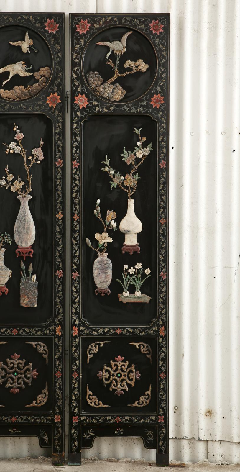 Chinese Export Six Panel Lacquered Hard Stone Coromandel Screen 1