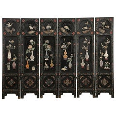 Chinese Export Six Panel Lacquered Hard Stone Coromandel Screen