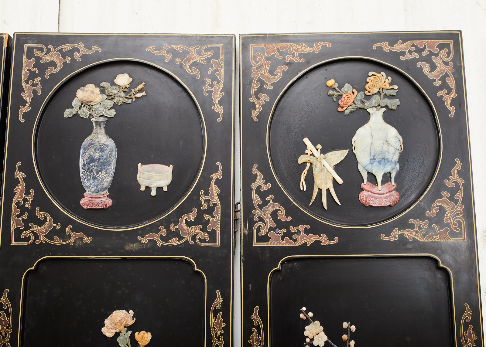 Hand-Crafted Chinese Export Six Panel Lacquered Hardstone Coromandel Screen