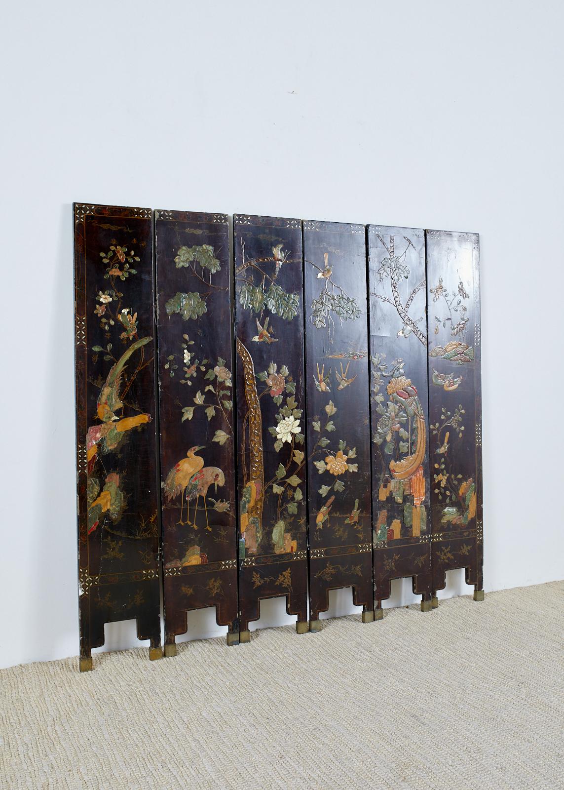 Chinese Export Six-Panel Moriage Lacquered Coromandel Screen 8