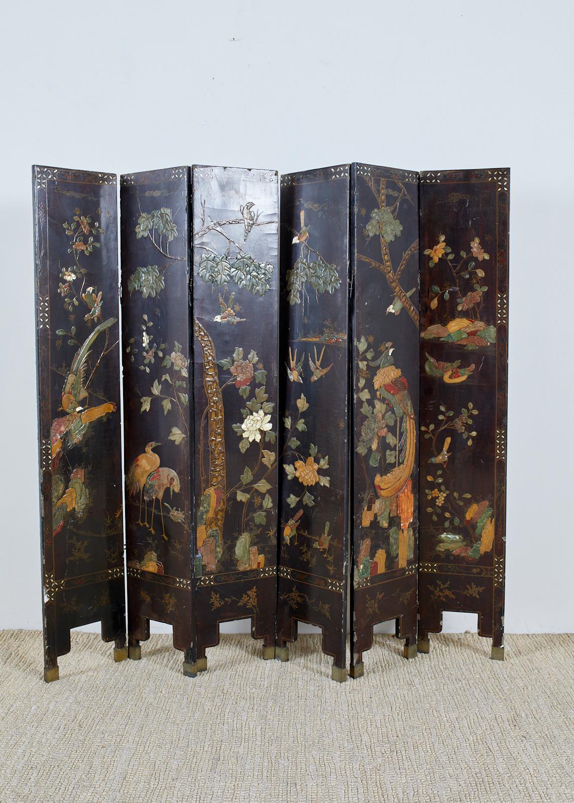 Chinese Export Six-Panel Moriage Lacquered Coromandel Screen 11