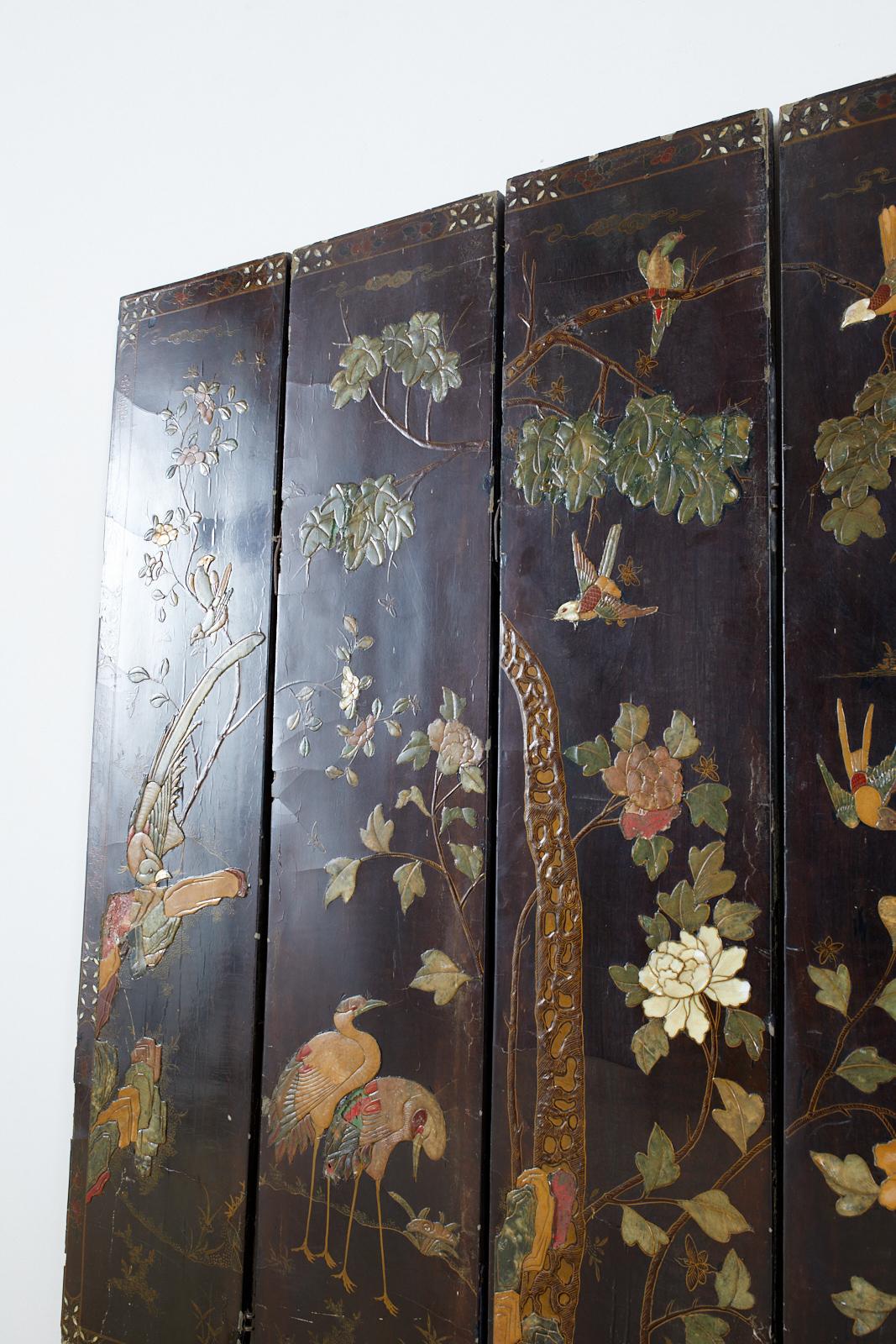 Chinese Export Six-Panel Moriage Lacquered Coromandel Screen 4