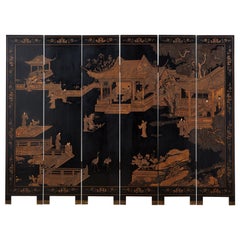 Chinese Export Six Panel Pagoda Landscape Coromandel Screen