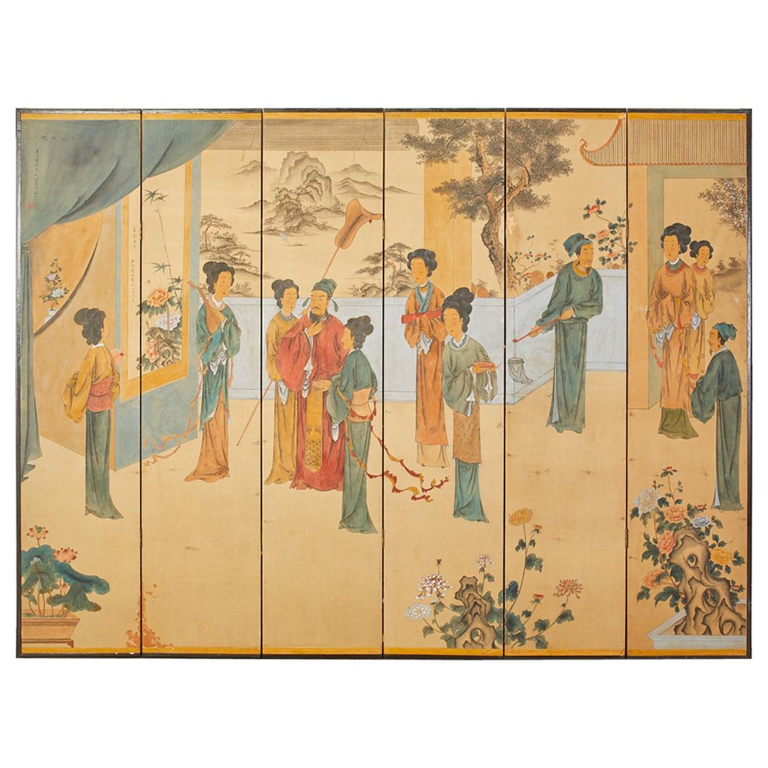Chinese Export Six Panel Painted Wallpaper Screen