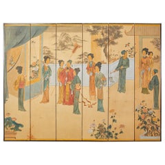 Vintage Chinese Export Six Panel Painted Wallpaper Screen