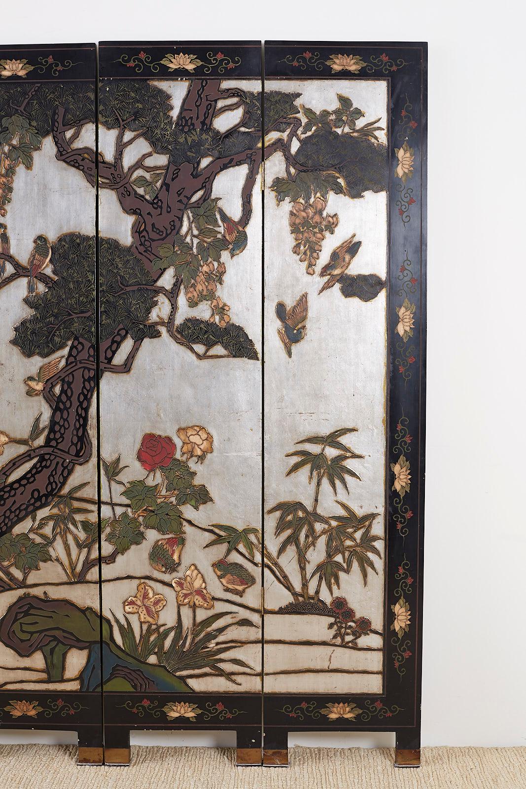 Chinese Export Six-Panel Silver Leaf Coromandel Screen In Good Condition For Sale In Rio Vista, CA