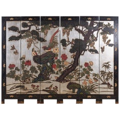 Antique Chinese Export Six-Panel Silver Leaf Coromandel Screen