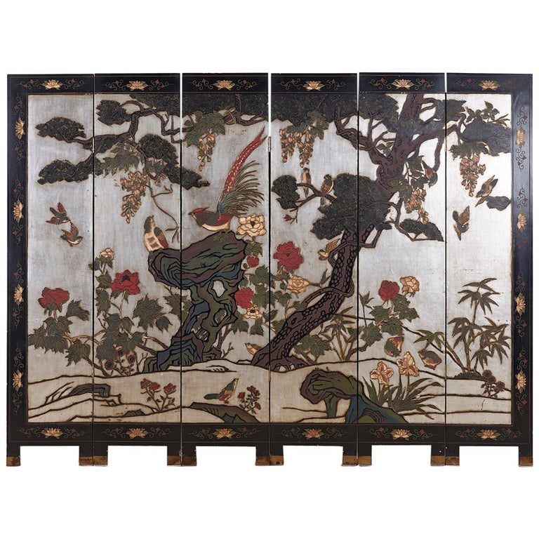 Chinese Export Six-Panel Silver Leaf Coromandel Screen For Sale