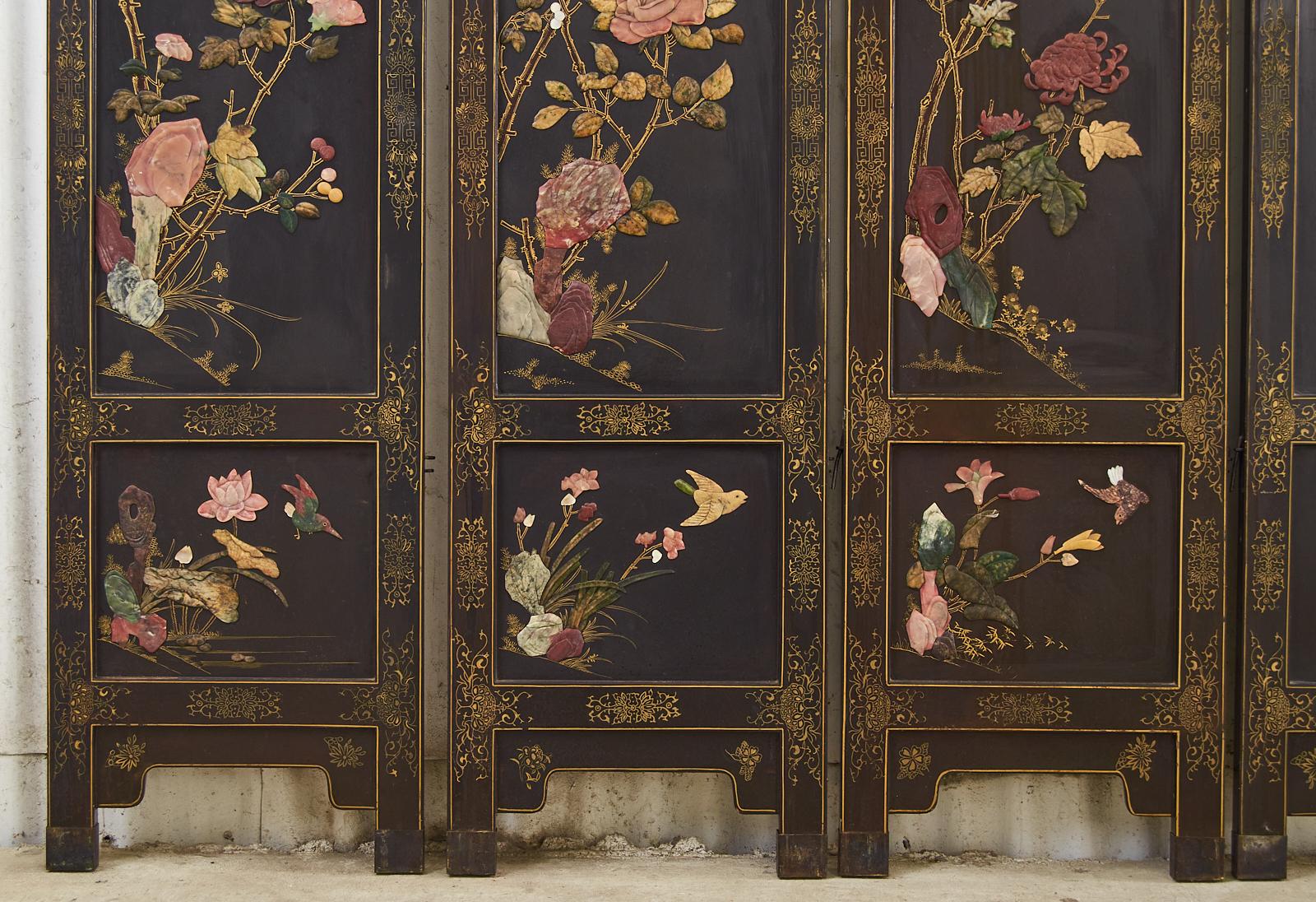 Chinese Export Six Panel Soapstone Flora and Fauna Coromandel Screen 3
