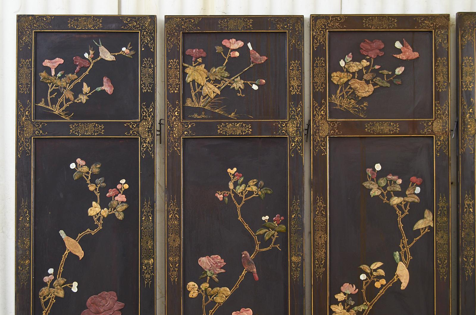 Chinese Export Six Panel Soapstone Flora and Fauna Coromandel Screen 4