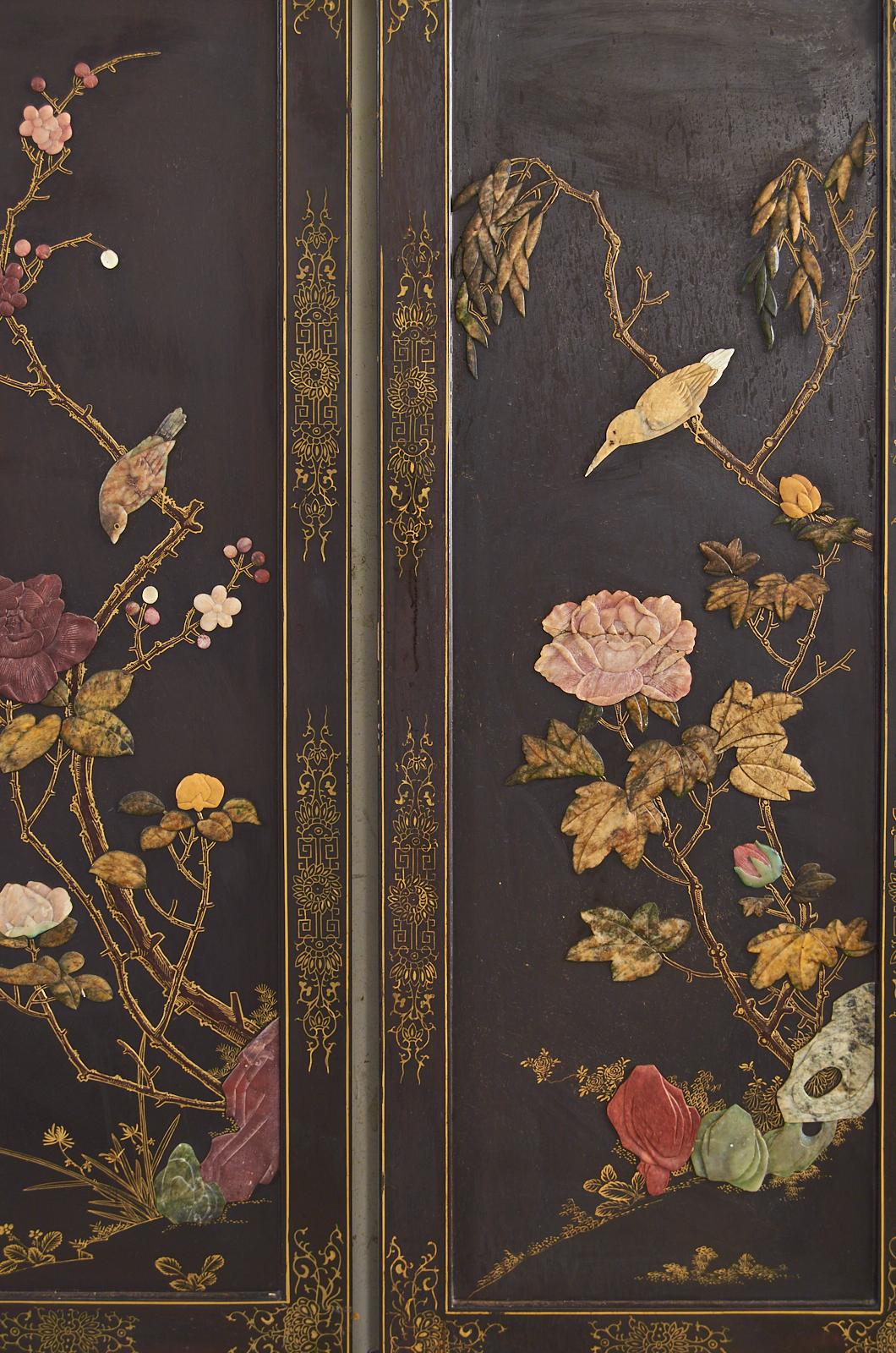 Chinese Export Six Panel Soapstone Flora and Fauna Coromandel Screen 5