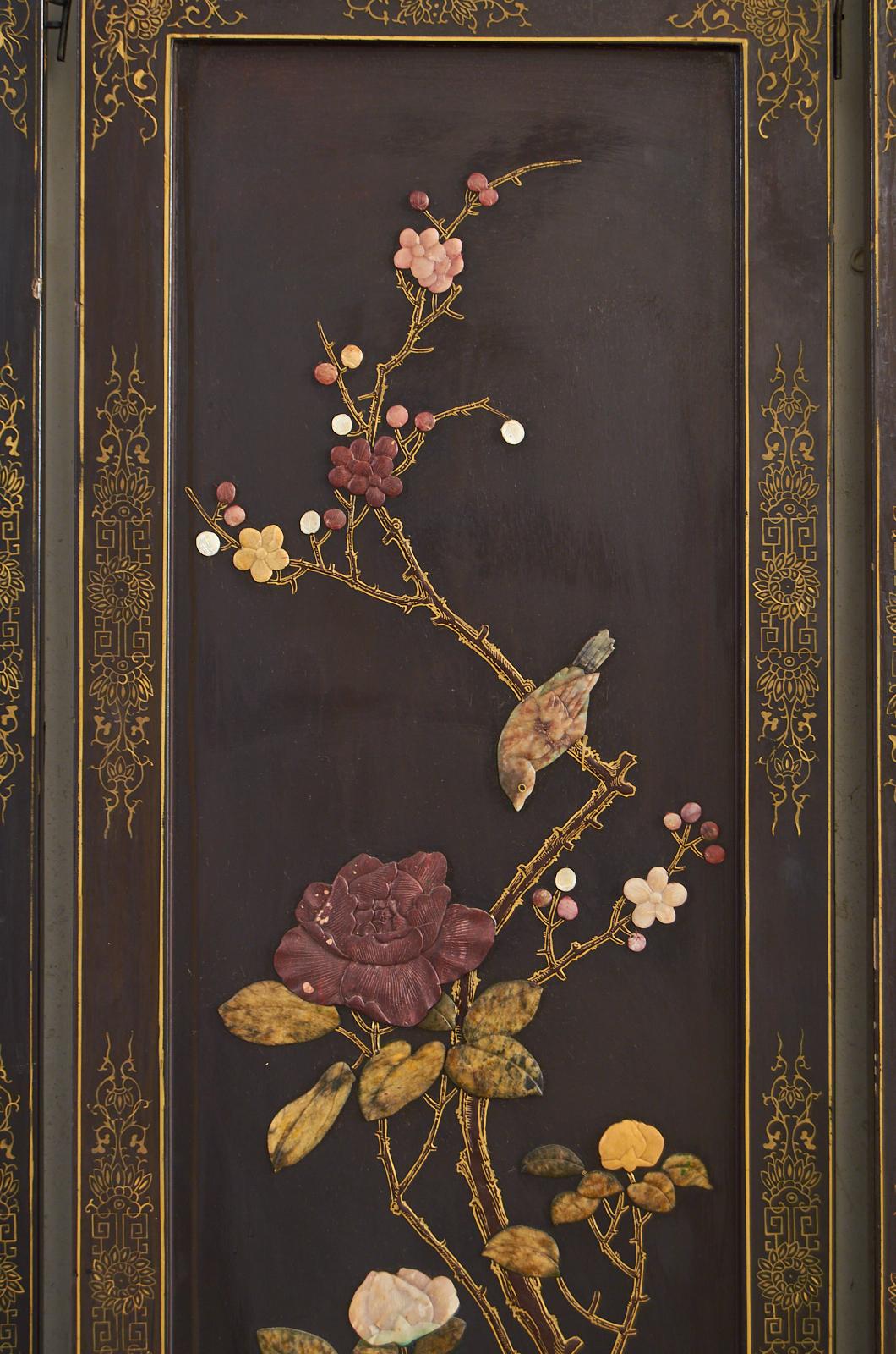 Chinese Export Six Panel Soapstone Flora and Fauna Coromandel Screen 6