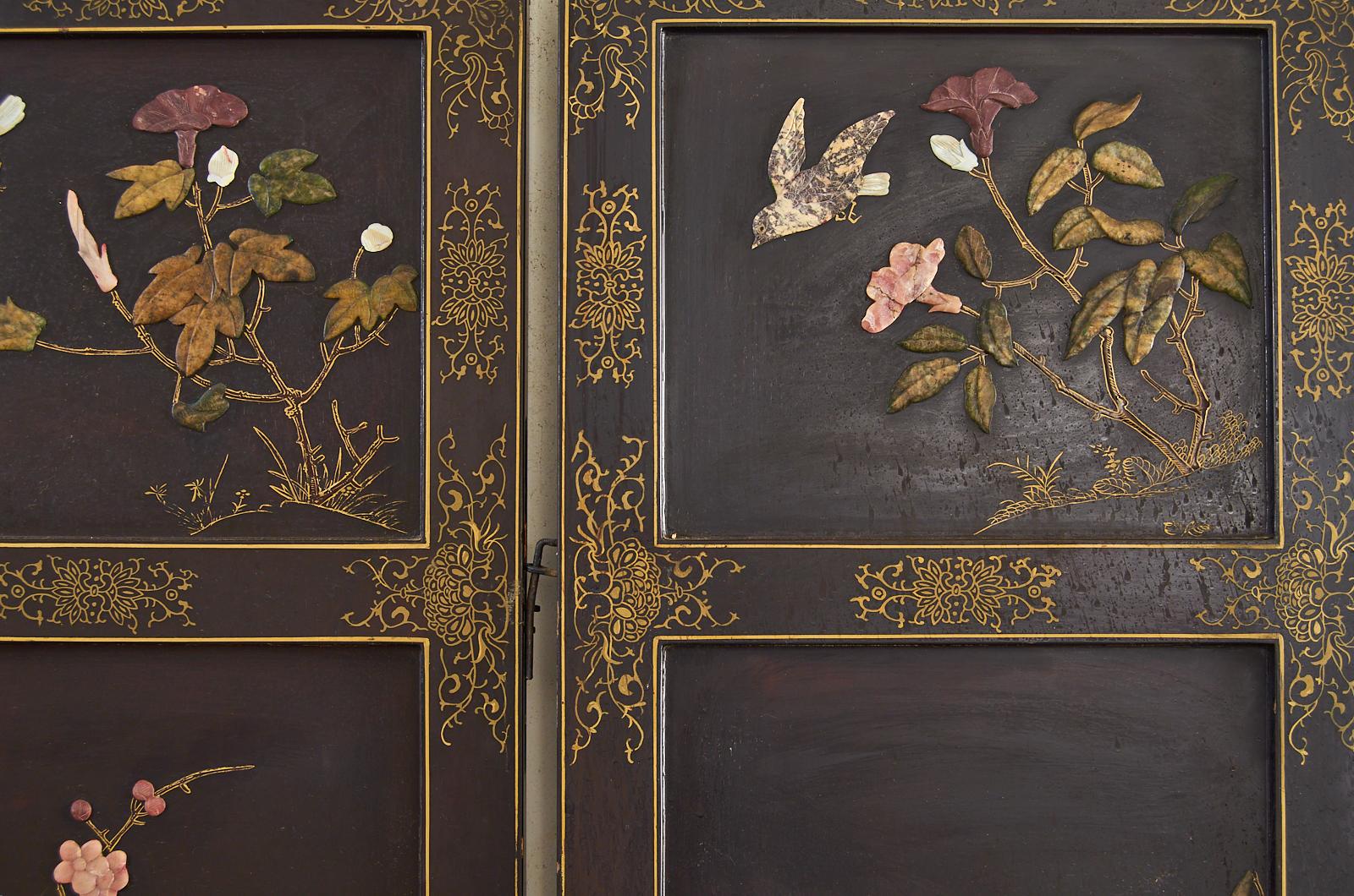 Chinese Export Six Panel Soapstone Flora and Fauna Coromandel Screen 7