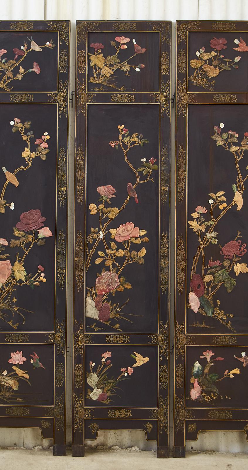 Hand-Crafted Chinese Export Six Panel Soapstone Flora and Fauna Coromandel Screen