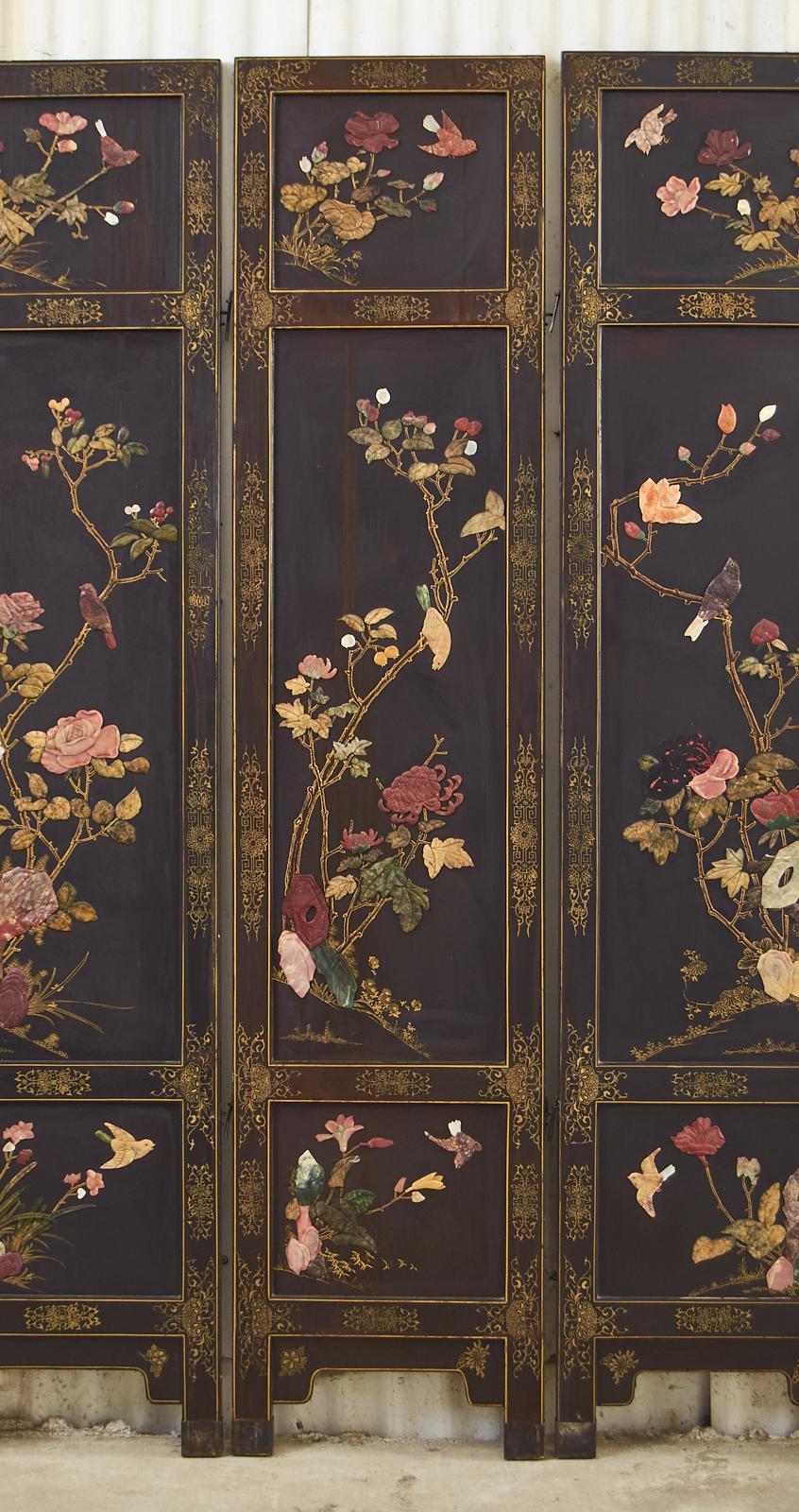 Chinese Export Six Panel Soapstone Flora and Fauna Coromandel Screen In Distressed Condition In Rio Vista, CA