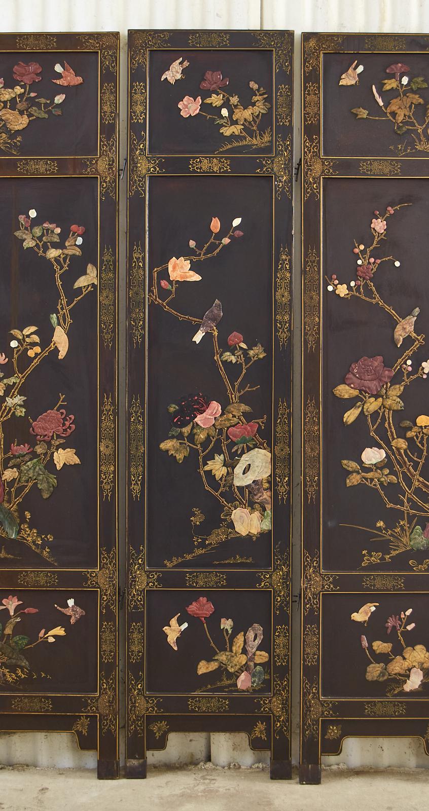 20th Century Chinese Export Six Panel Soapstone Flora and Fauna Coromandel Screen