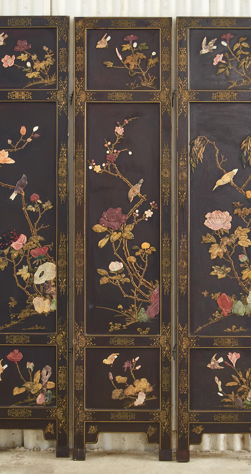 Brass Chinese Export Six Panel Soapstone Flora and Fauna Coromandel Screen