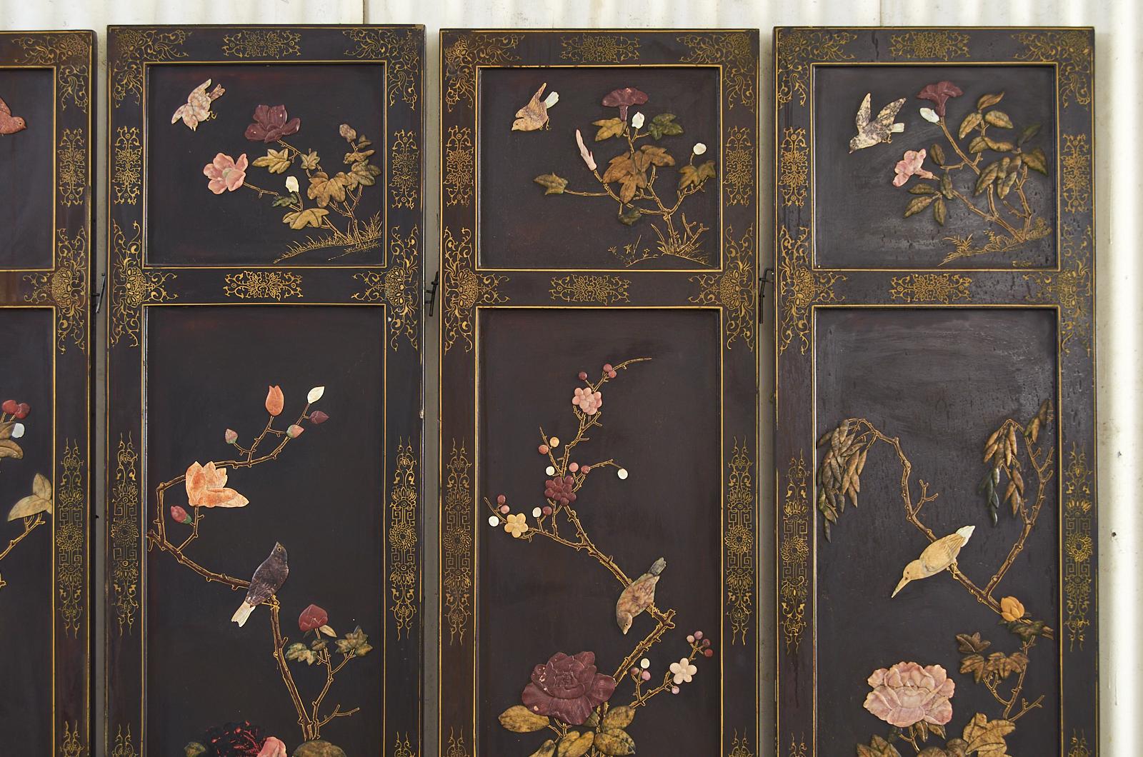 Chinese Export Six Panel Soapstone Flora and Fauna Coromandel Screen 1