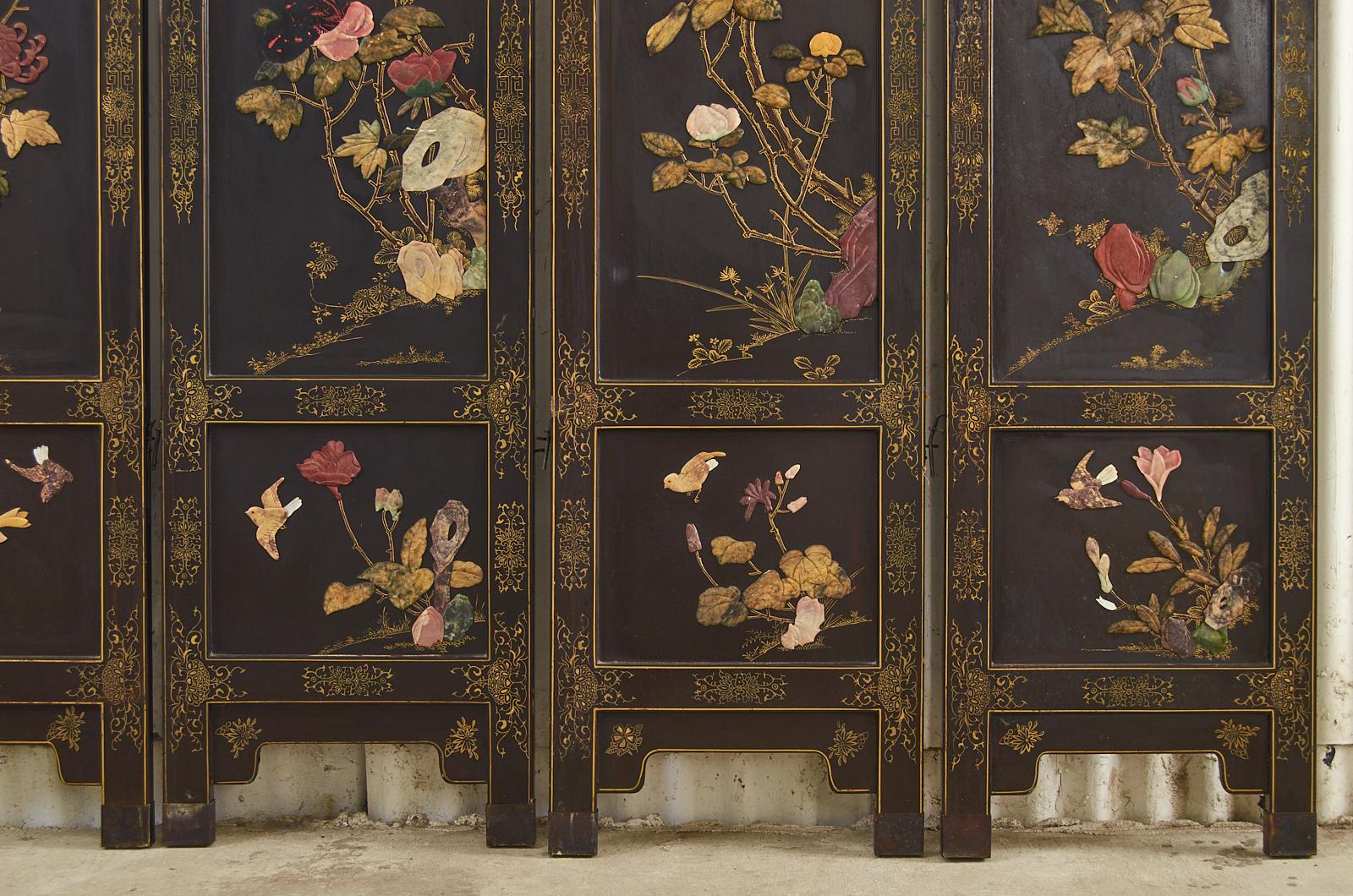 Chinese Export Six Panel Soapstone Flora and Fauna Coromandel Screen 2
