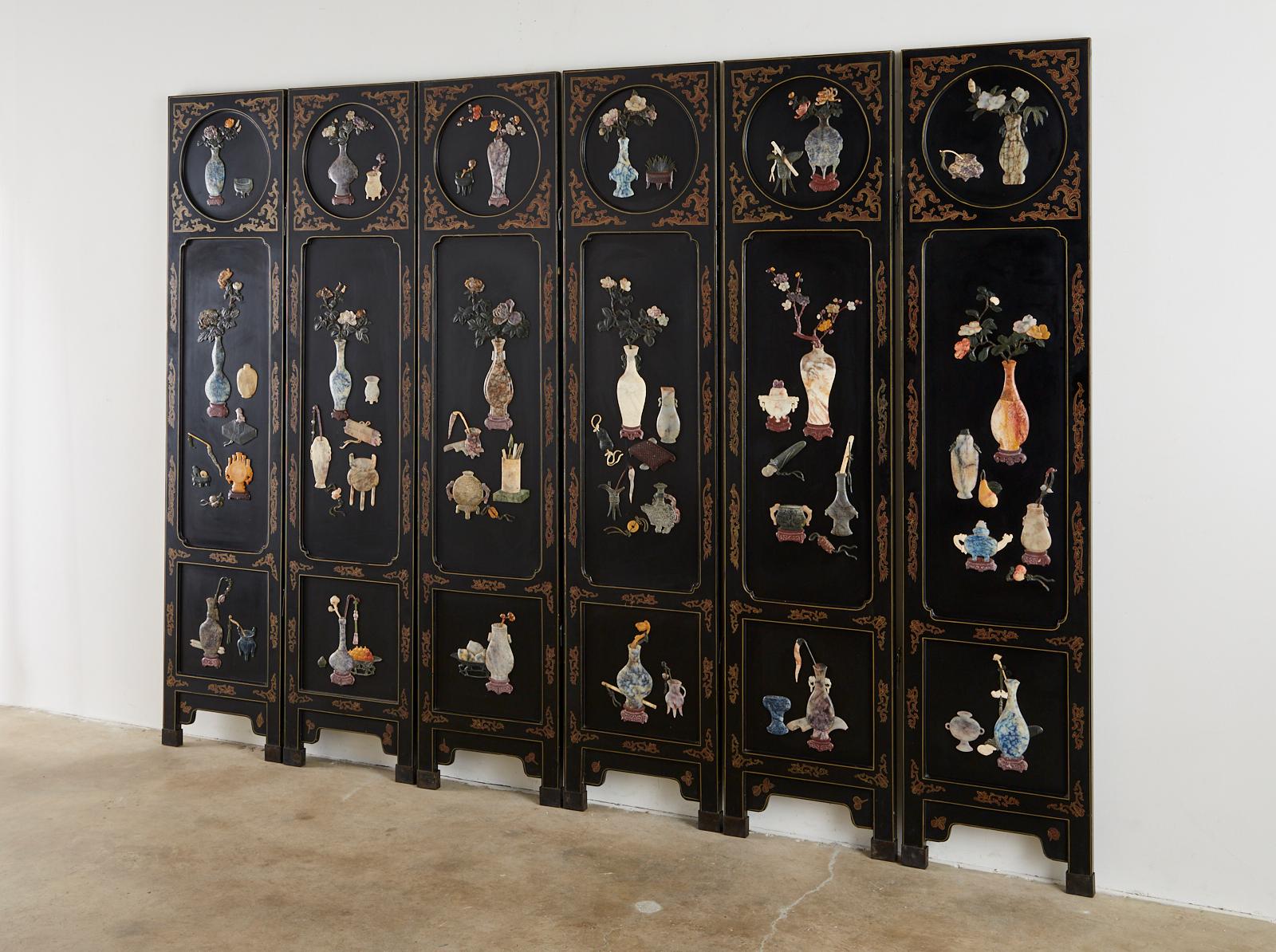 Chinese Export Six-Panel Soapstone Lacquered Coromandel Screen 6