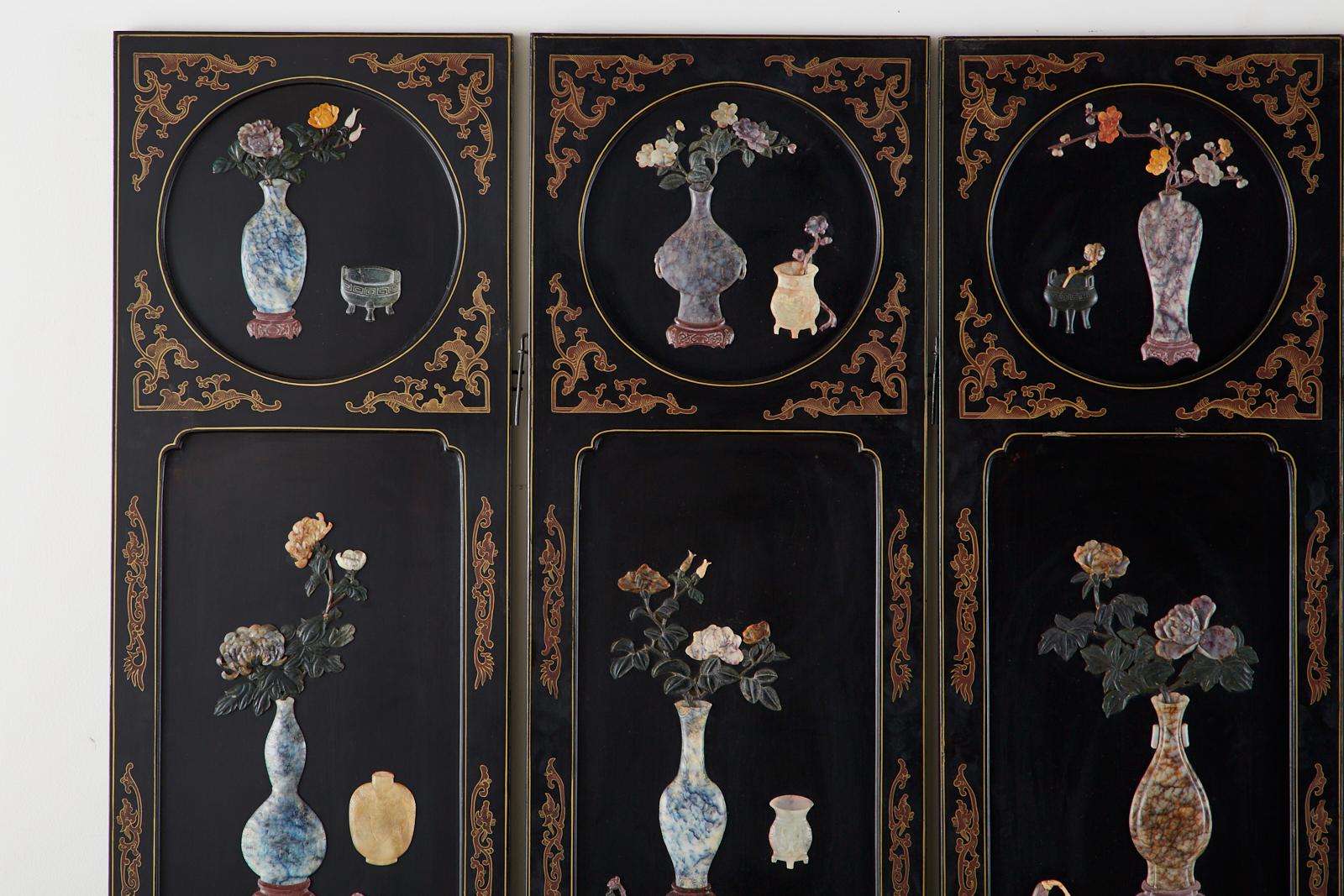 20th Century Chinese Export Six-Panel Soapstone Lacquered Coromandel Screen