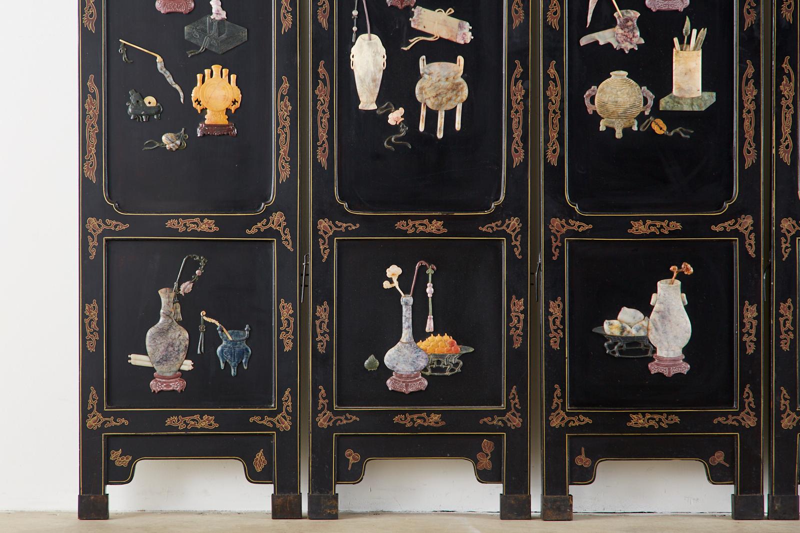 Brass Chinese Export Six-Panel Soapstone Lacquered Coromandel Screen