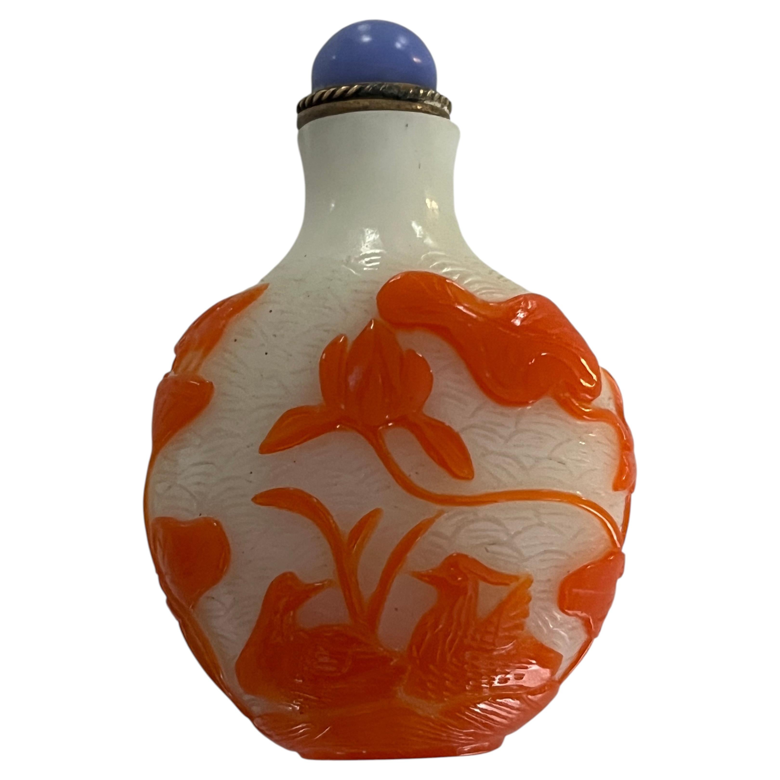 Chinese Export Snuff Bottle in Overlay Cameo Glass Finely Carved, circa 1925