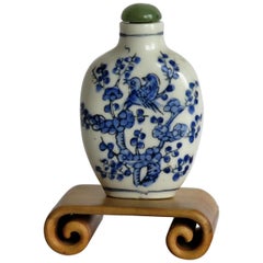 Vintage Chinese Export Snuff Bottle Porcelain Hand Painted with Hardwood Stand