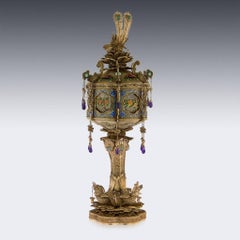 Chinesische Exporttasse aus massivem Silber mit filigranem Edelsteinbesatz und Deckel:: um 1950