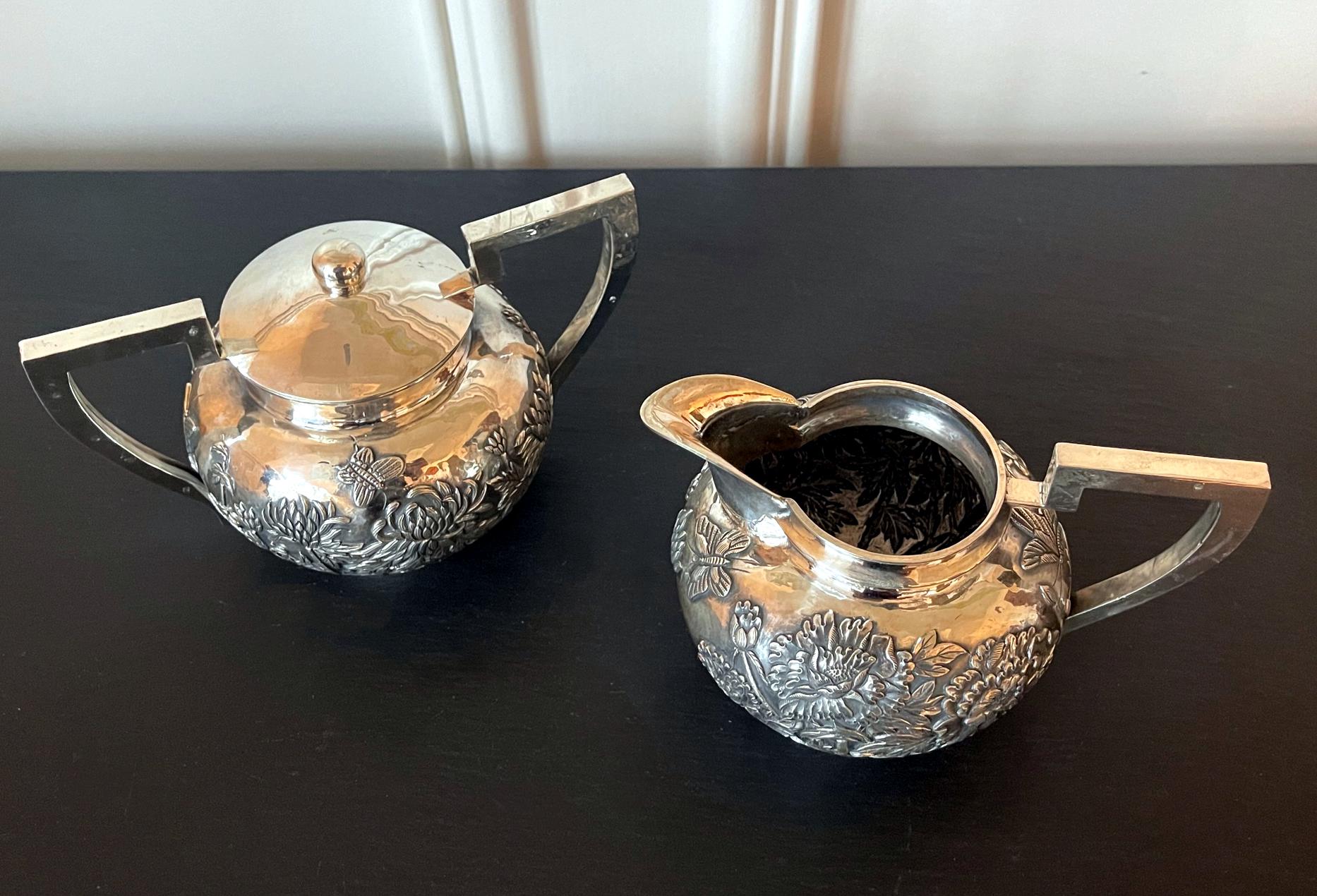 19th Century Chinese Export Sterling Silver Creamer and Sugar by Cutshing For Sale