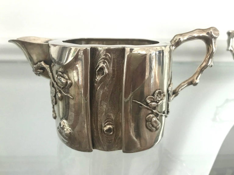 Chinese Export Sterling Silver Creamer and Sugar Luen Wo For Sale 3