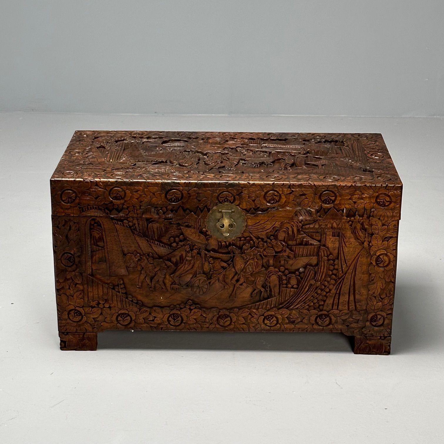 Chinese Export, Storage Trunk, Dowry, Walnut, Carved, Burn Mark, China, 1930s

A 19th or 20th Century Storage Trunk or Dowry. A solid wood finely carved chest having full body figures, men riding animals, pagoda and floral design all over. The