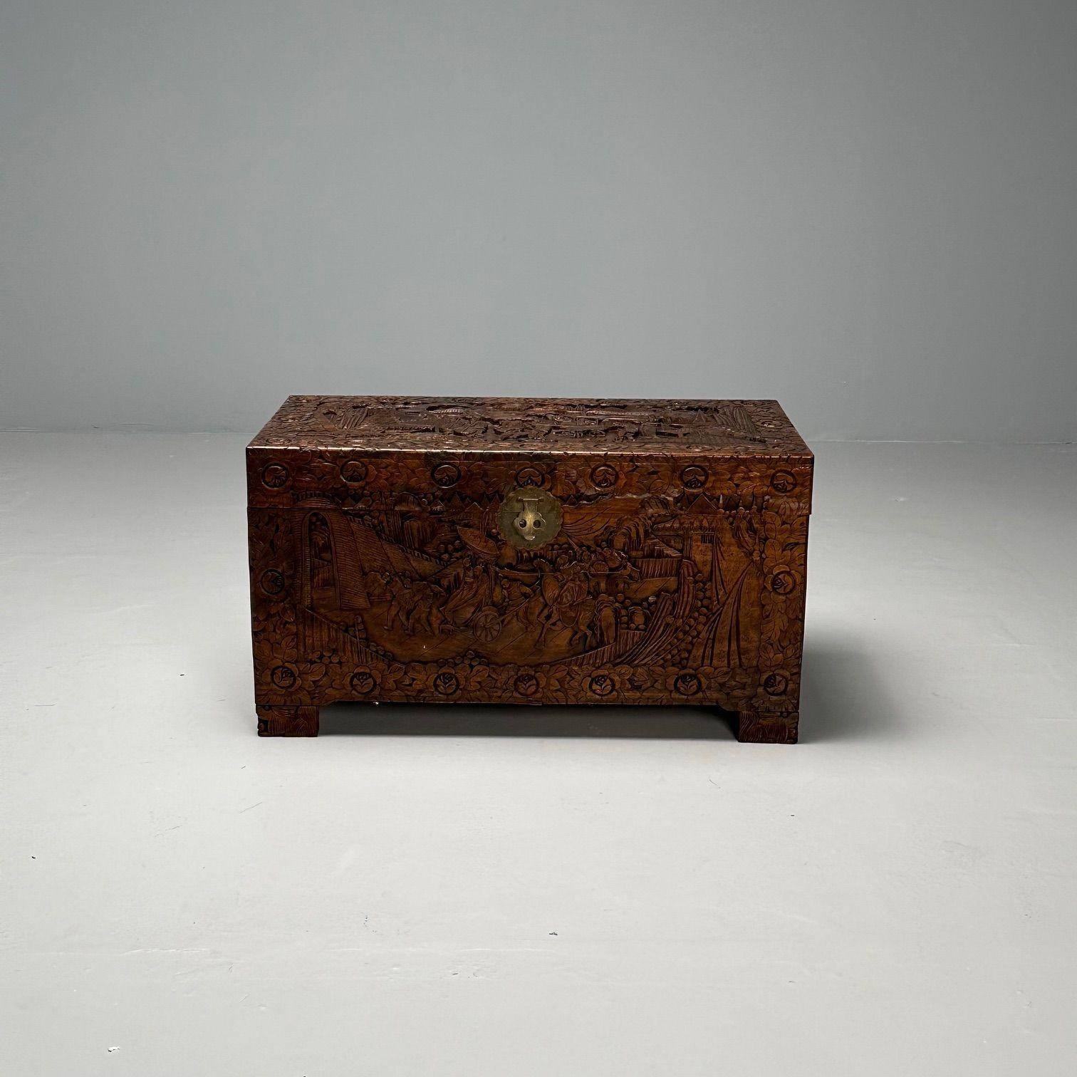 Chinese Export, Storage Trunk, Dowry, Walnut, Carved, Burn Mark, China, 1930s In Good Condition In Stamford, CT