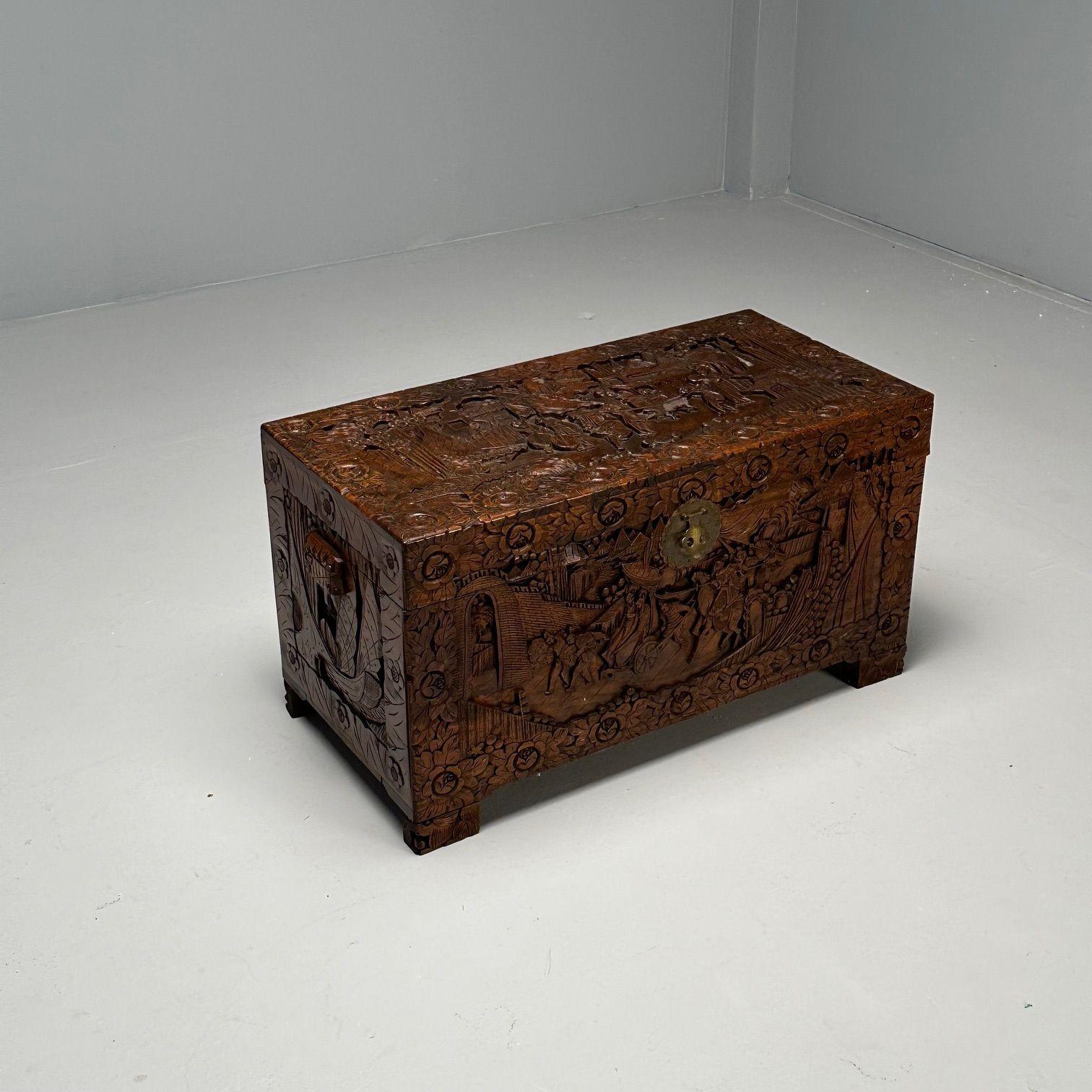 Mid-20th Century Chinese Export, Storage Trunk, Dowry, Walnut, Carved, Burn Mark, China, 1930s