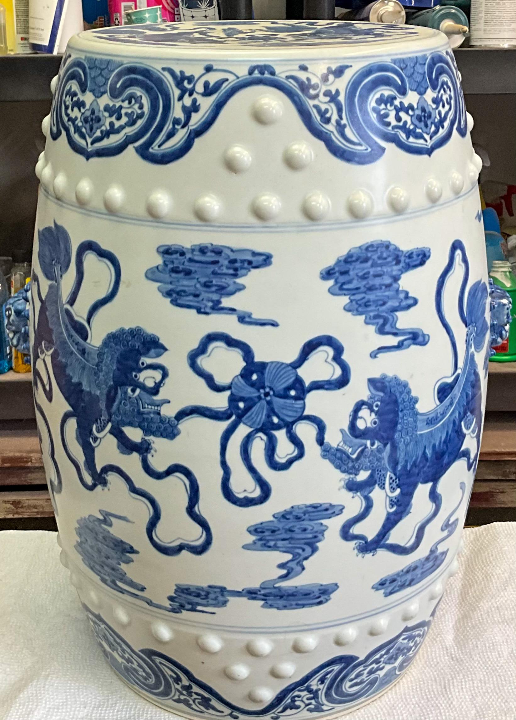 Chinese Export Style Blue and White Ceramic Foo Lion Garden Stools / Tables - 2 In Good Condition In Kennesaw, GA