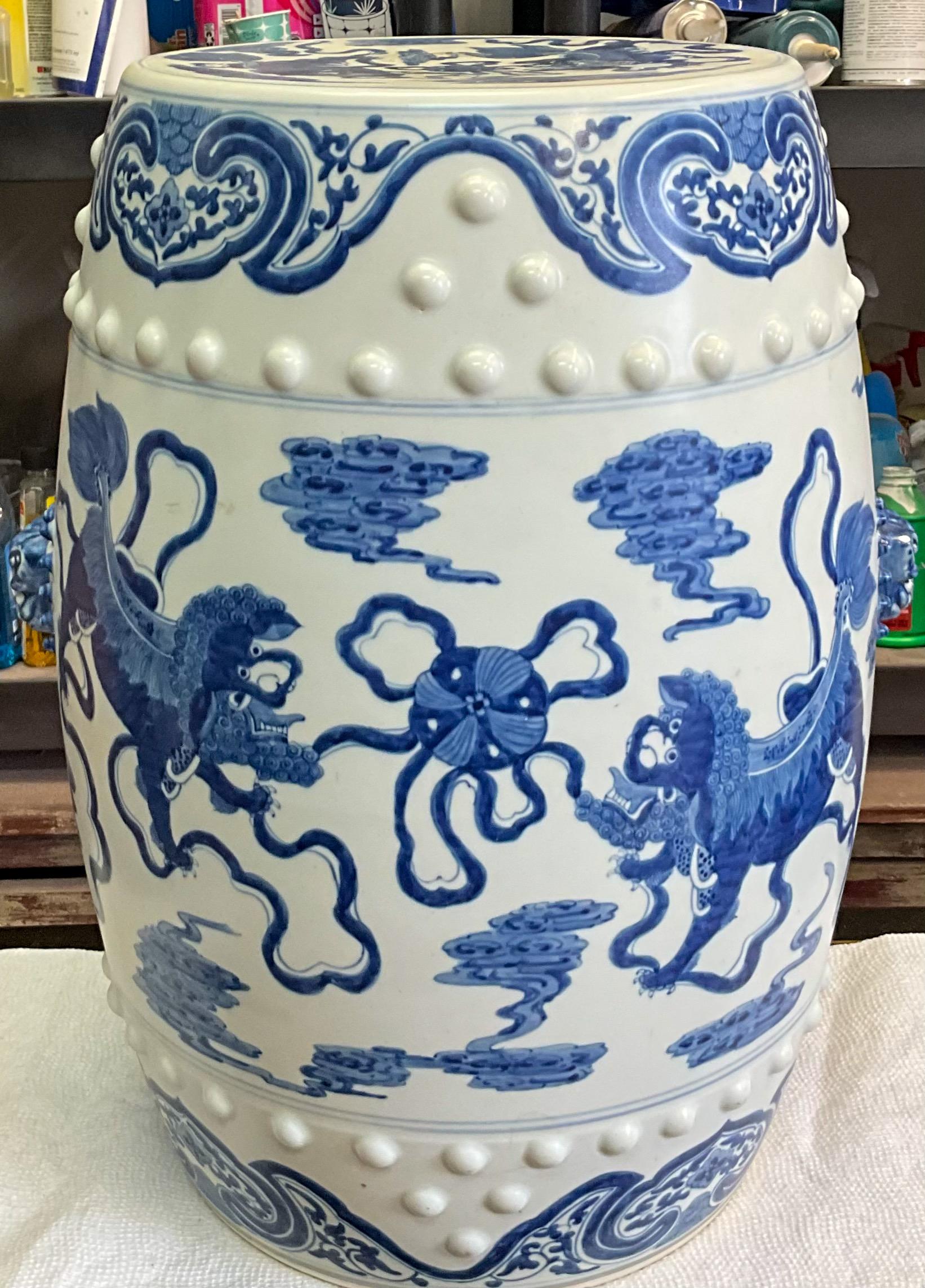 Chinese Export Style Blue and White Ceramic Foo Lion Garden Stools / Tables - 2 In Good Condition For Sale In Kennesaw, GA