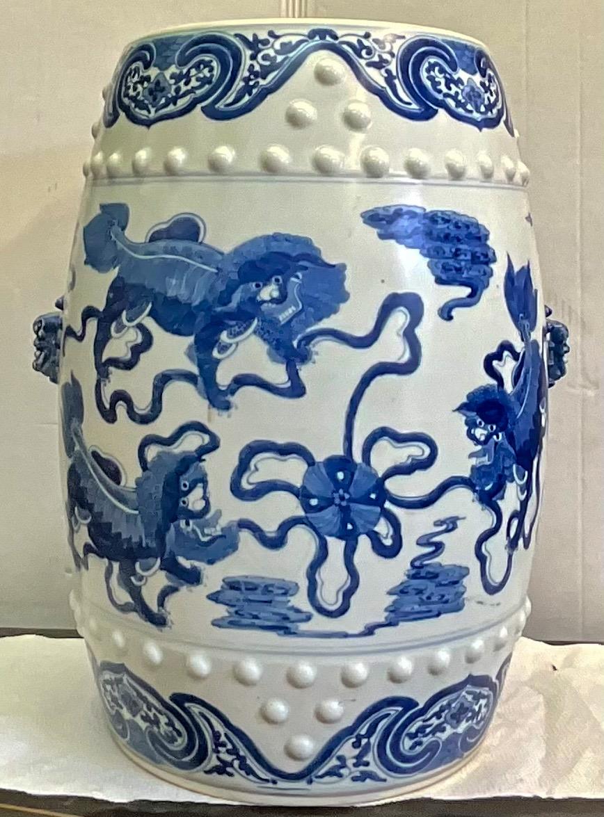 20th Century Chinese Export Style Blue and White Ceramic Foo Lion Garden Stools / Tables - 2 For Sale