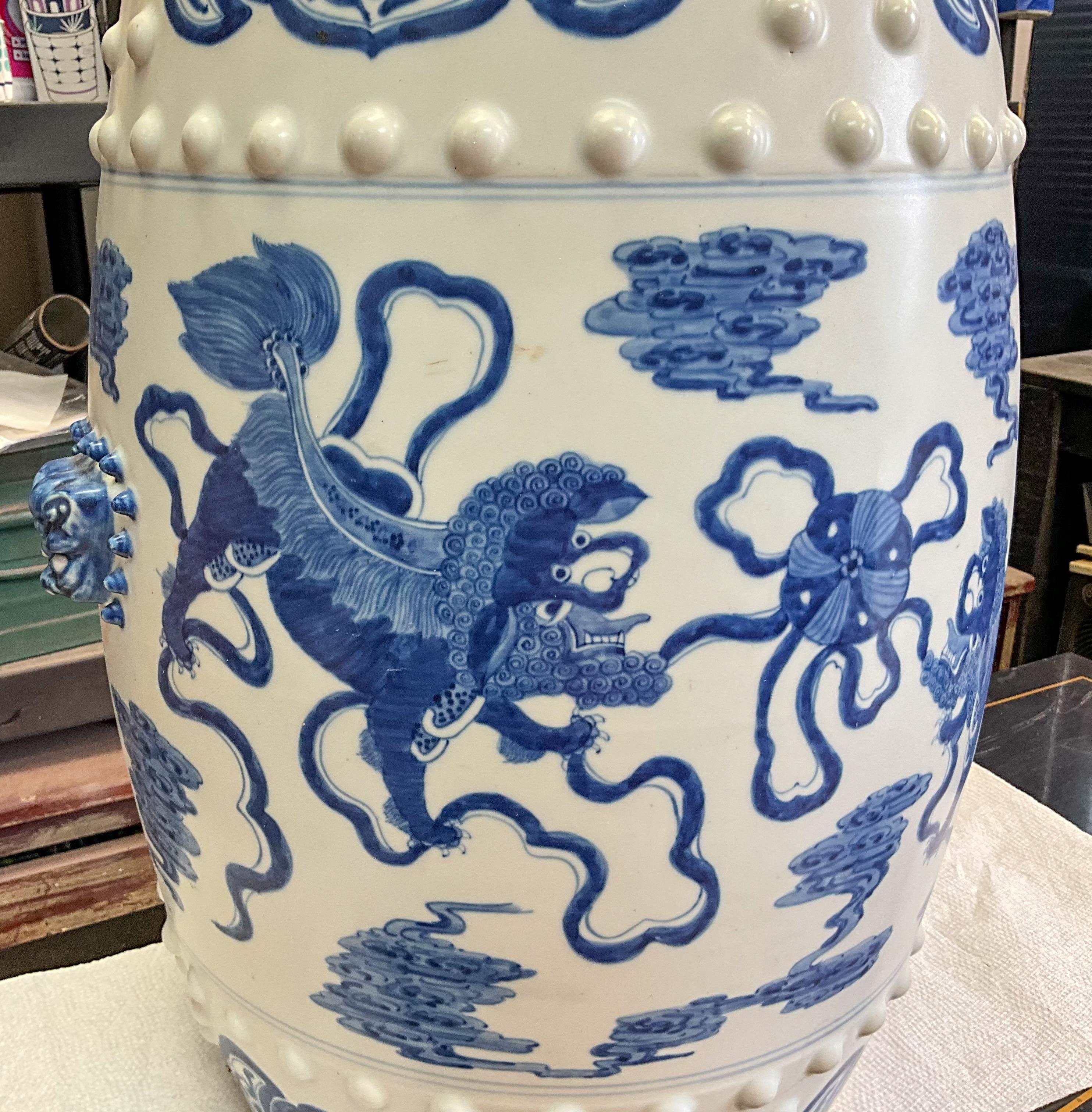 Chinese Export Style Blue and White Ceramic Foo Lion Garden Stools / Tables - 2 For Sale 1