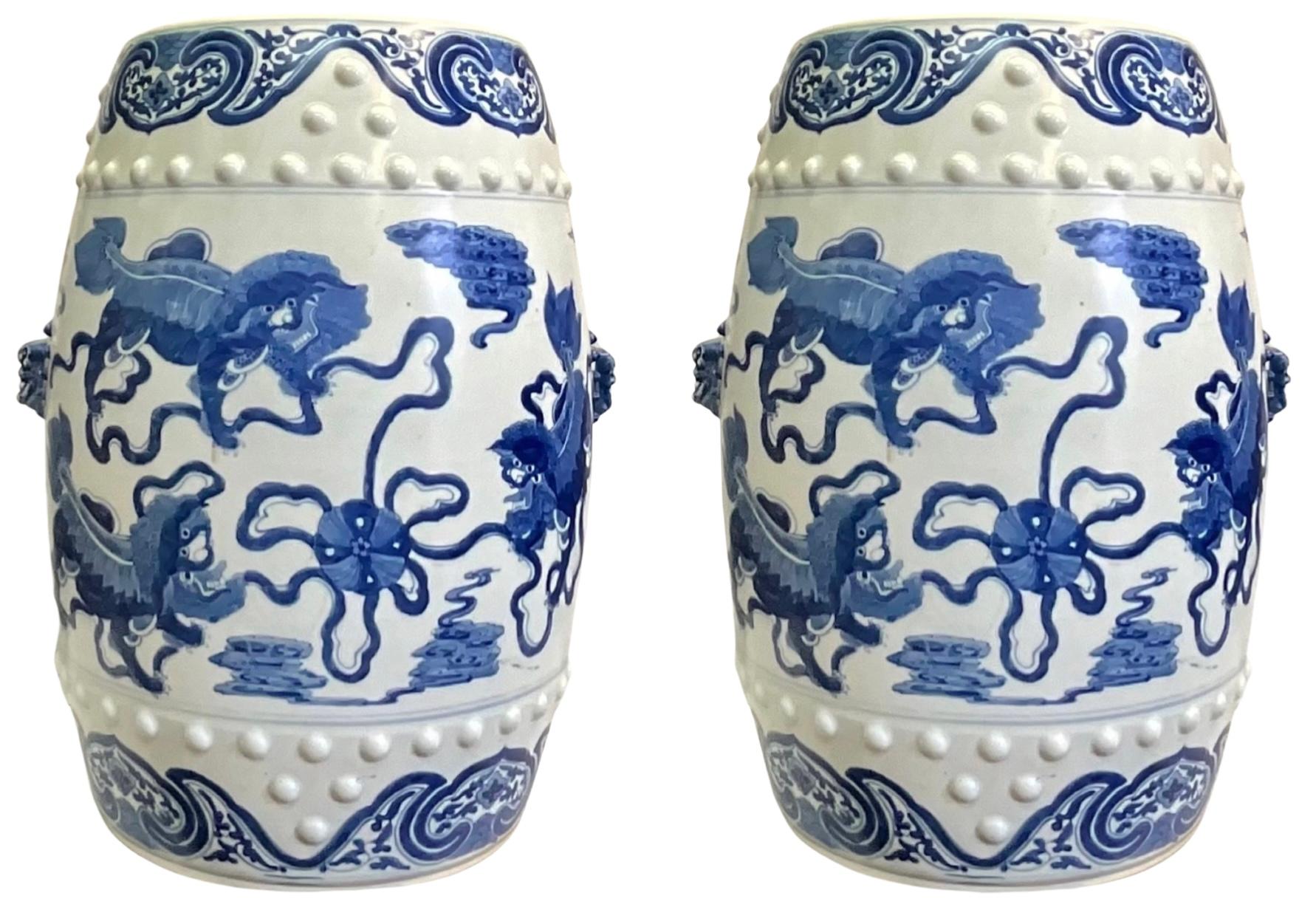 Chinese Export Style Blue and White Ceramic Foo Lion Garden Stools / Tables - 2 For Sale 3