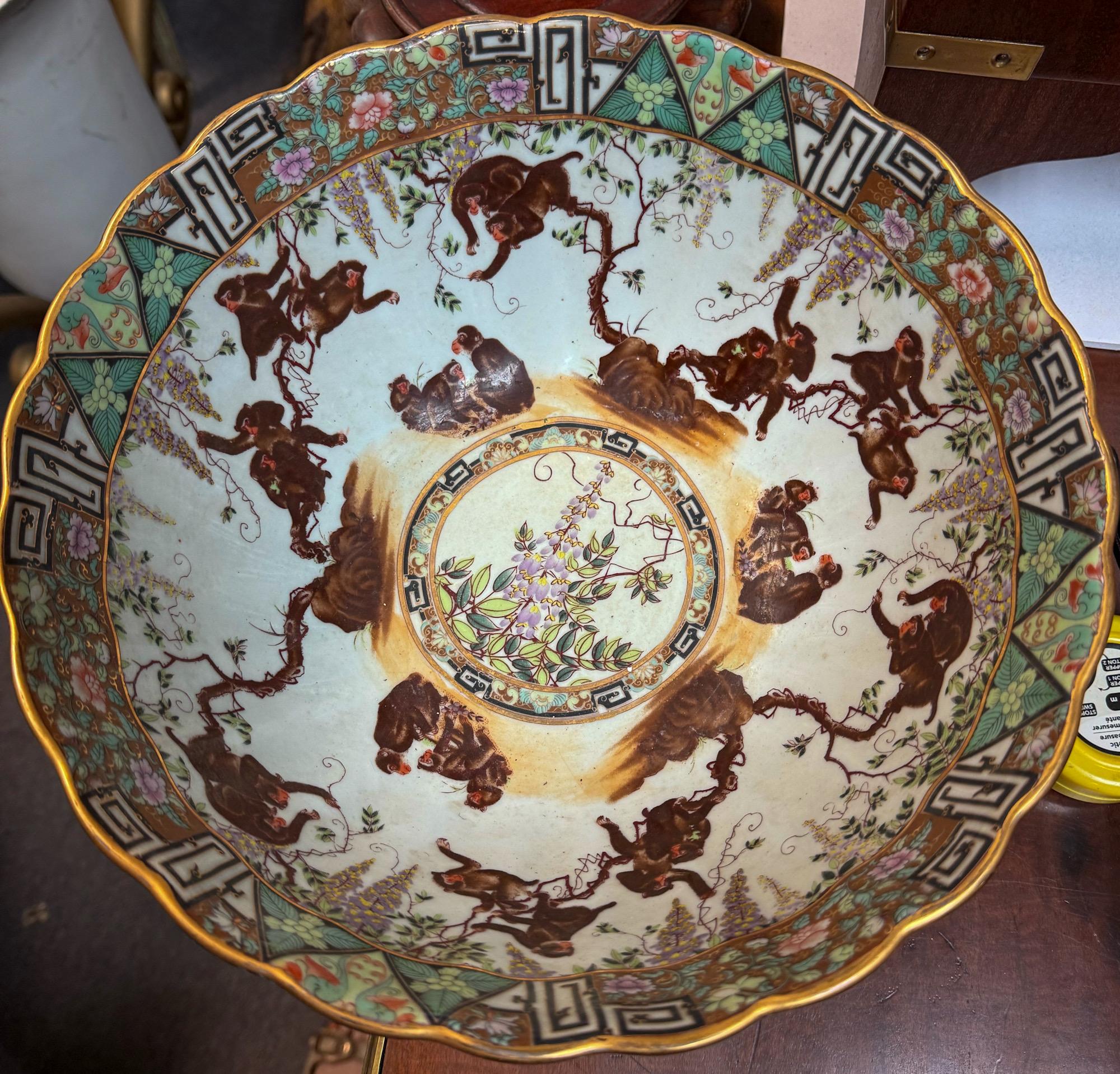 Chinese Export Style Famille Rose  Pottery Bowl W/ Playing Monkeys In Good Condition For Sale In Kennesaw, GA