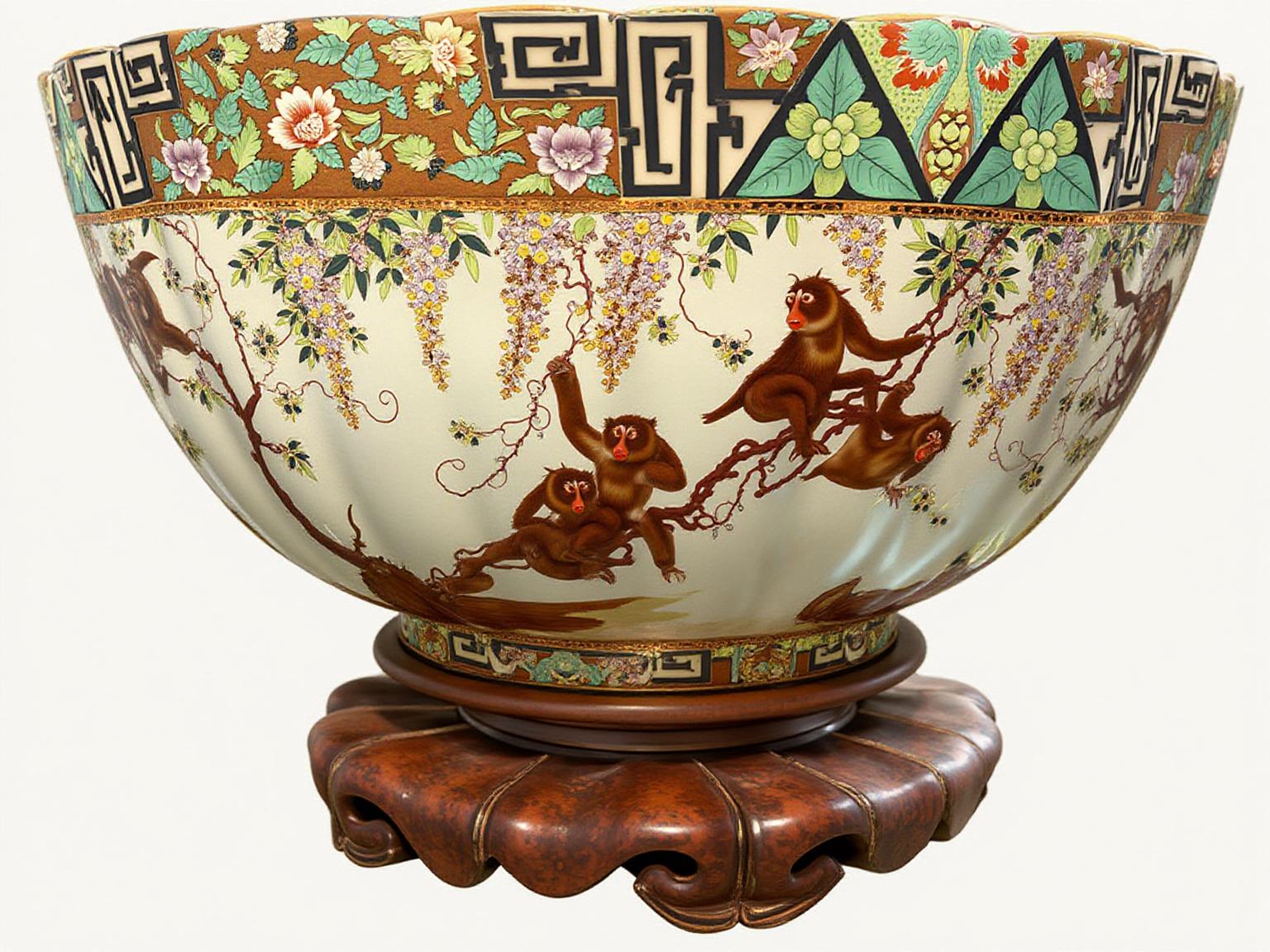 Ceramic Chinese Export Style Famille Rose  Pottery Bowl W/ Playing Monkeys For Sale